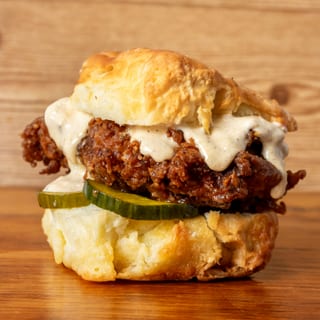 Fried Chicken with Scallion Aioli and Pickles Biscuit